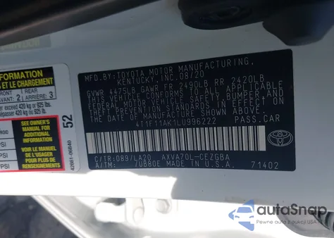 2020 Toyota Camry Xle из США, поврежденный, VIN 4T1F11AK1LU996222